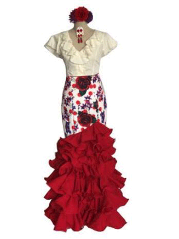 Jupe flamenca pour El Rocio. Jupe à pois avec fleurs et volants en rouge